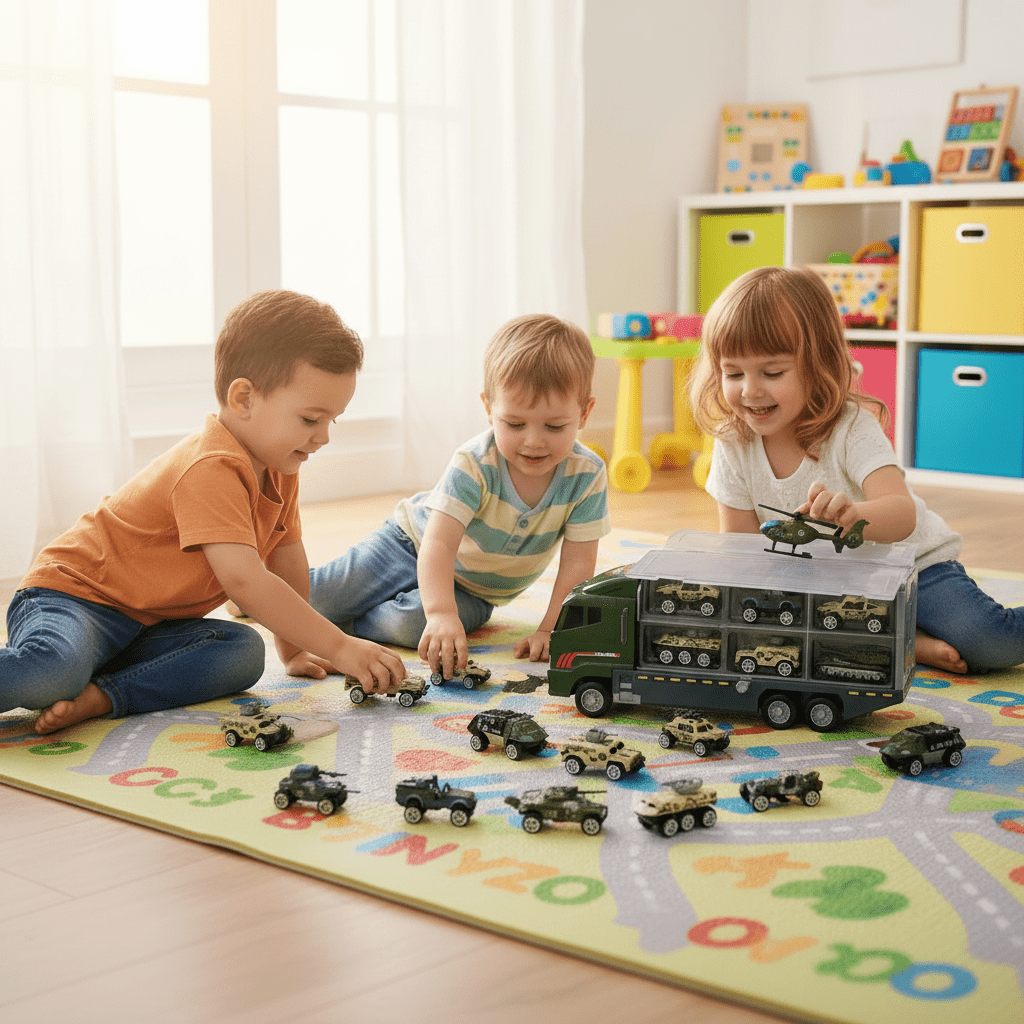 Camion Transporteur Militaire + véhicules inclus, mise en situation 3 enfants jouant avec  