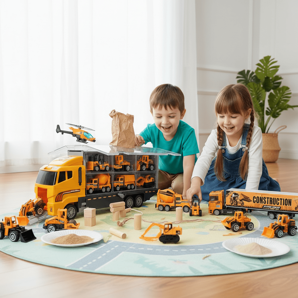 Camion Transporteur Ouvriers + 6 ou 11 véhicules inclus, mise en situation enfants jouant avec 