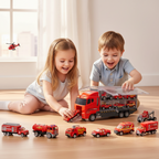 Camion Transporteur Pompier 10 véhicules - Enfants en train de jouer
