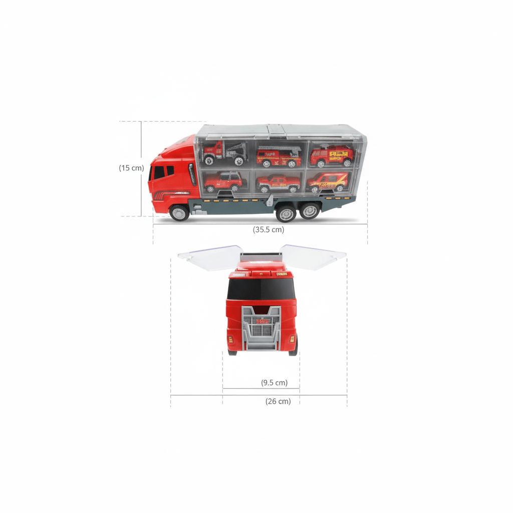 Camion Transporteur Pompier + 10 véhicules inclus, dimensions