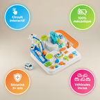 Coffret et circuit de voiture intéractif, 100% mécanique, dès 3 ans, caractéristiques 