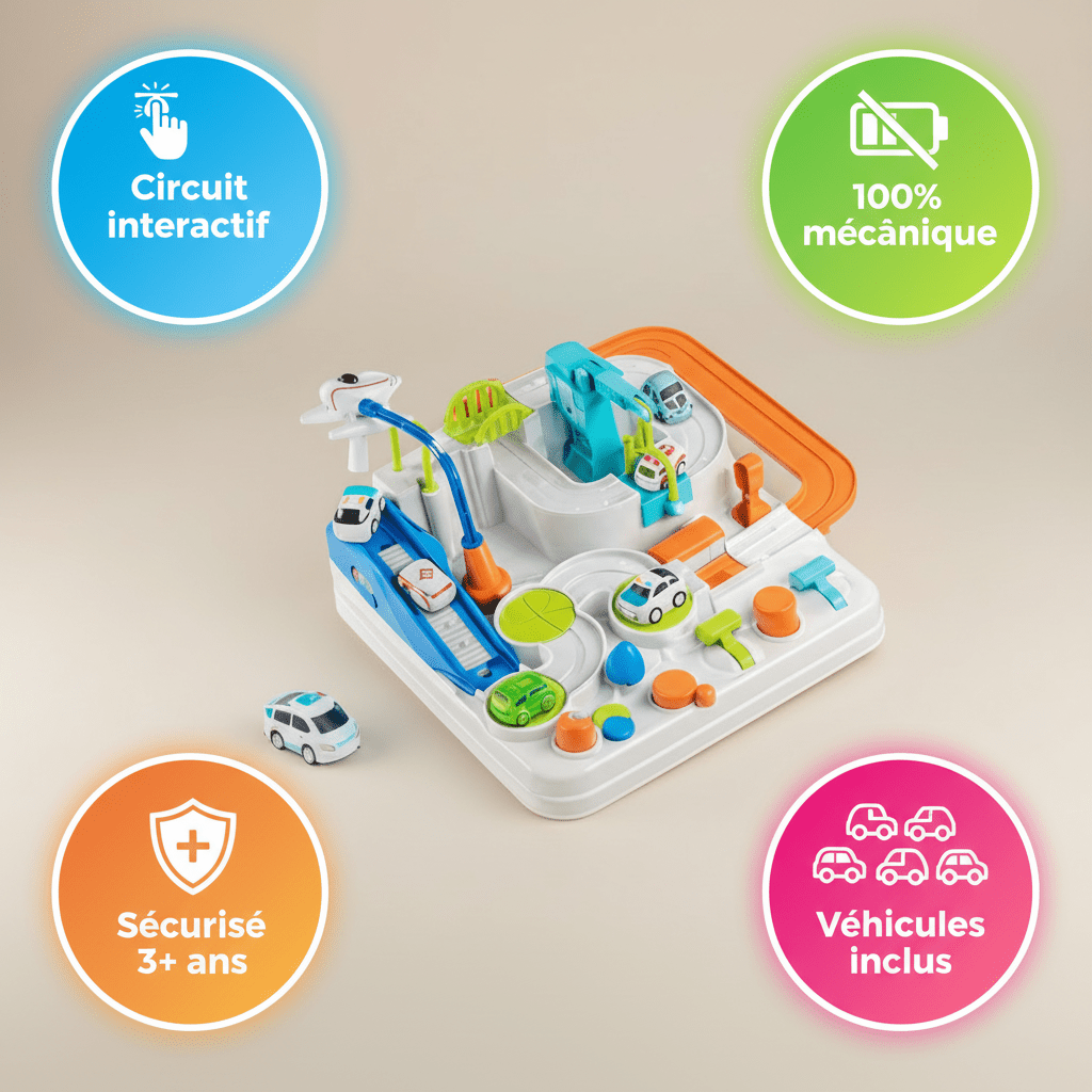 Coffret et circuit de voiture intéractif, 100% mécanique, dès 3 ans, caractéristiques 