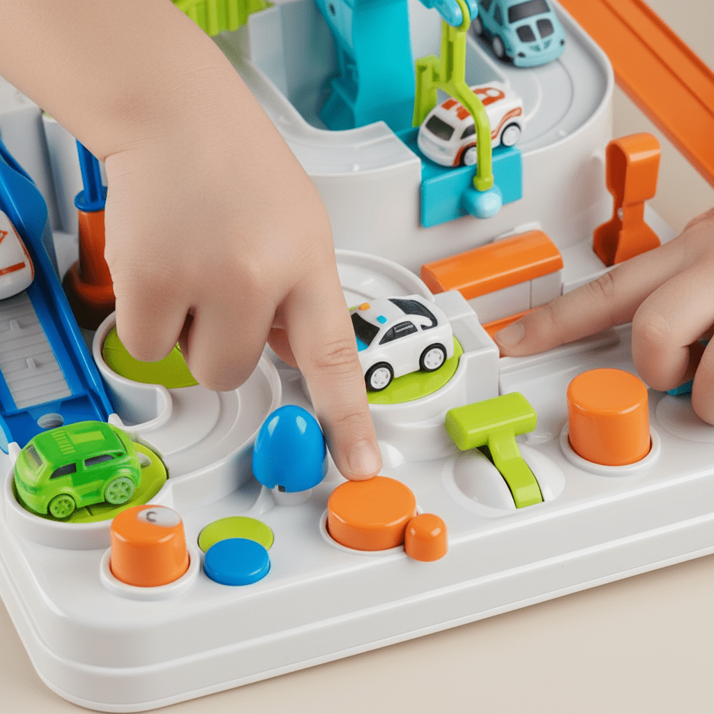 Coffret et circuit de voiture intéractif, 100% mécanique, dès 3 ans, doigt d'enfant en interaction 