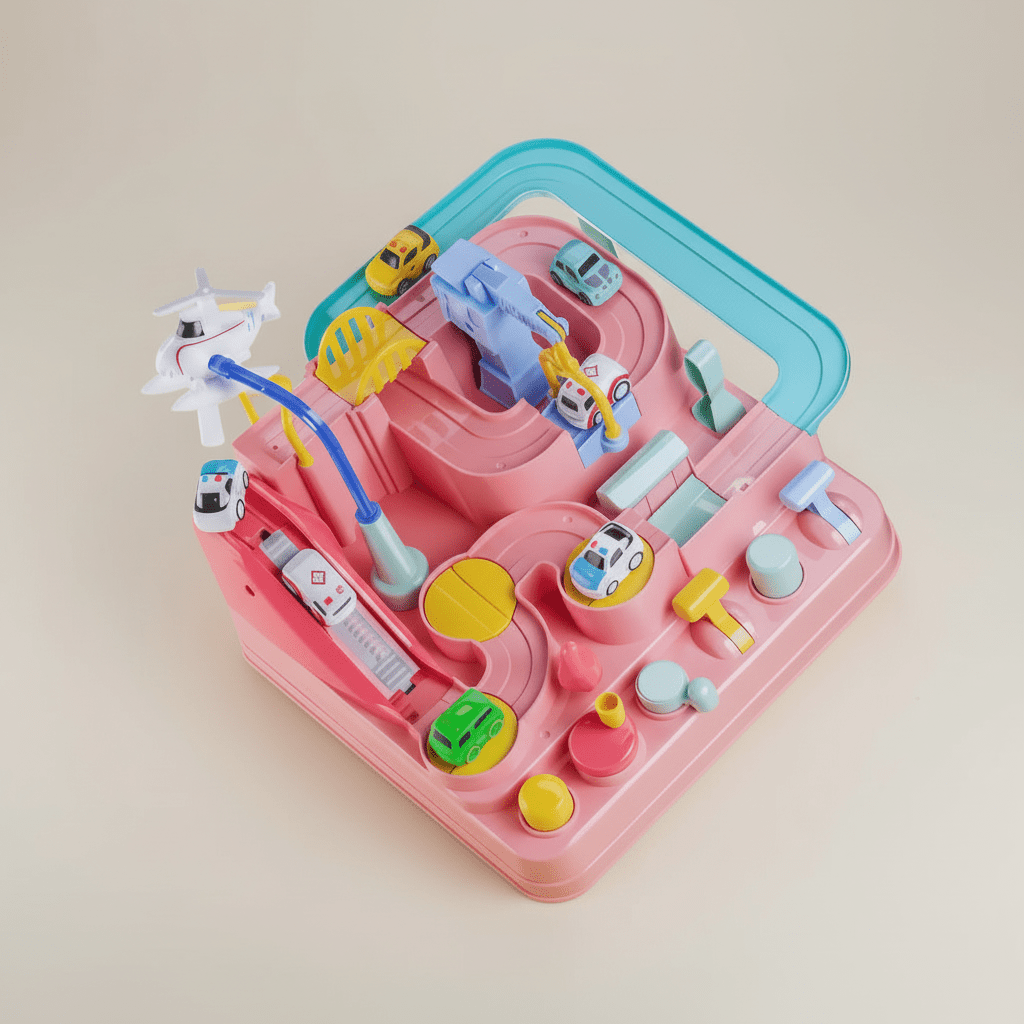 Coffret et circuit de voiture rose intéractif, 100% mécanique, dès 3 ans, vue de face 