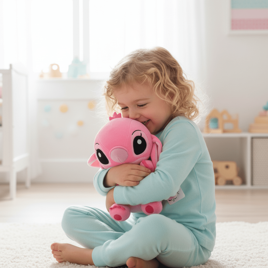 Peluche Angel rose 25cm, en coton PP, mise en situation dans les bras d'une petite fille