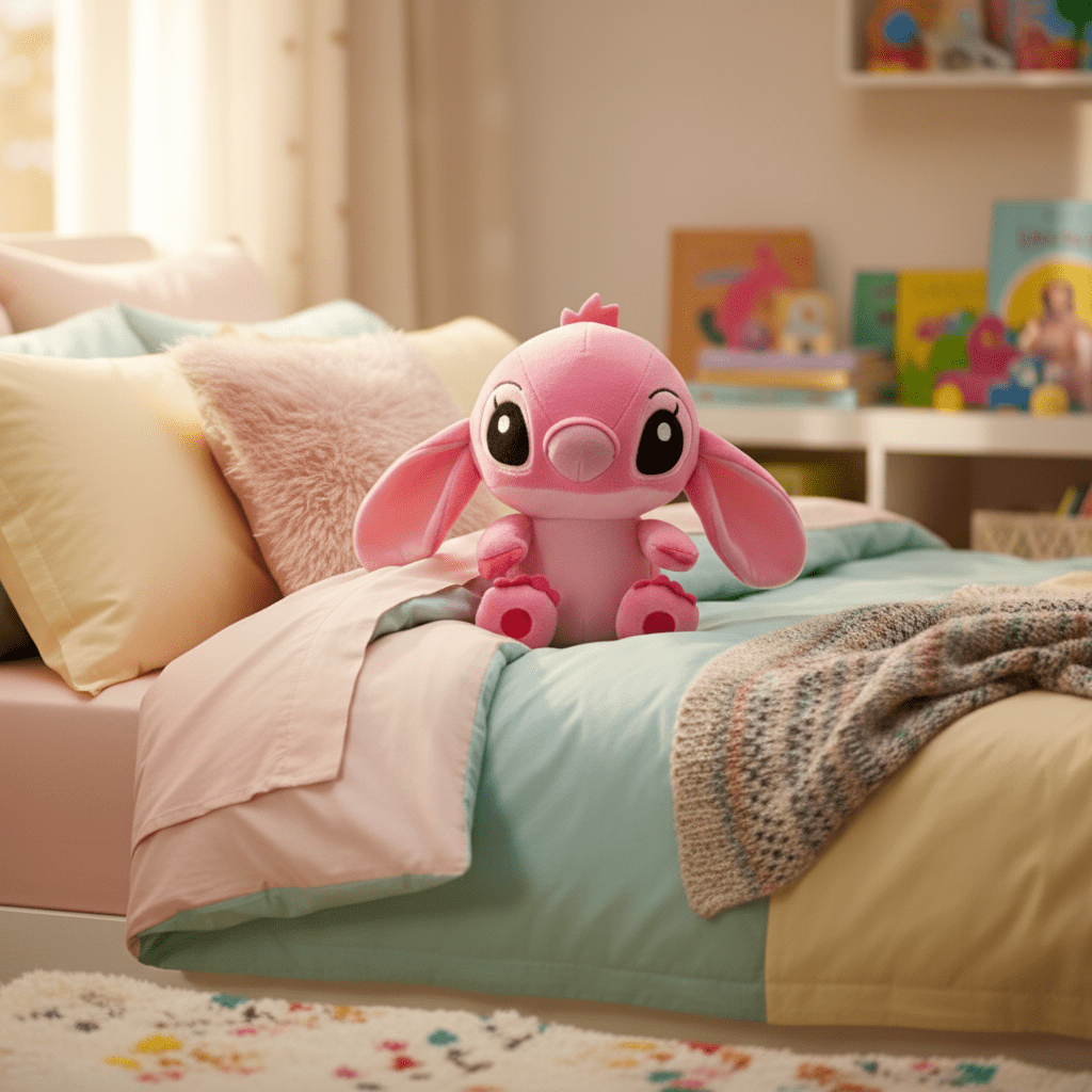 Peluche Angel rose 25cm, en coton PP, mise en situation posé sur un lit 