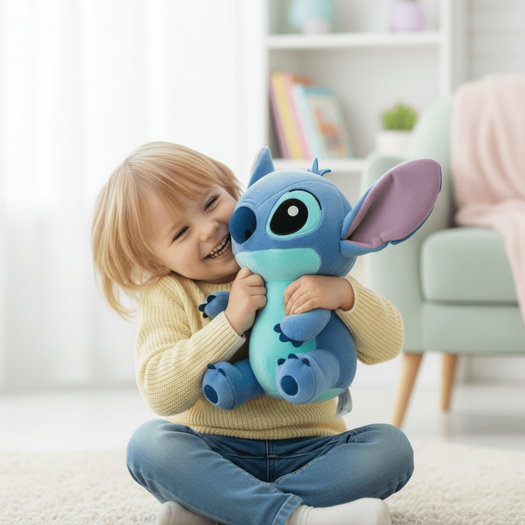 Peluche Stitch bleu 25cm, en coton PP, peluche mise en situation dans les bras d'un enfant  