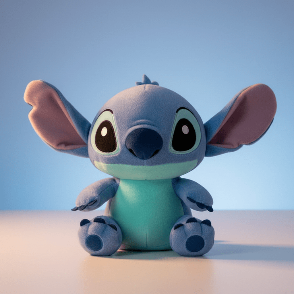 Peluche Stitch bleu 25cm, en coton PP, peluche mise en situation seule sur un lit