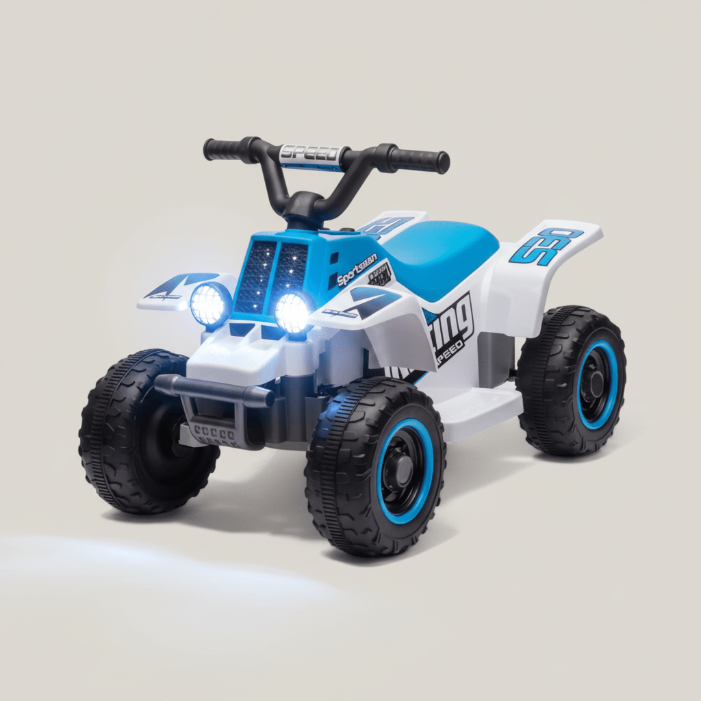 Quad électrique bleu clair LED & Bluetooth pour enfants, dès 3 ans, vue de face 
