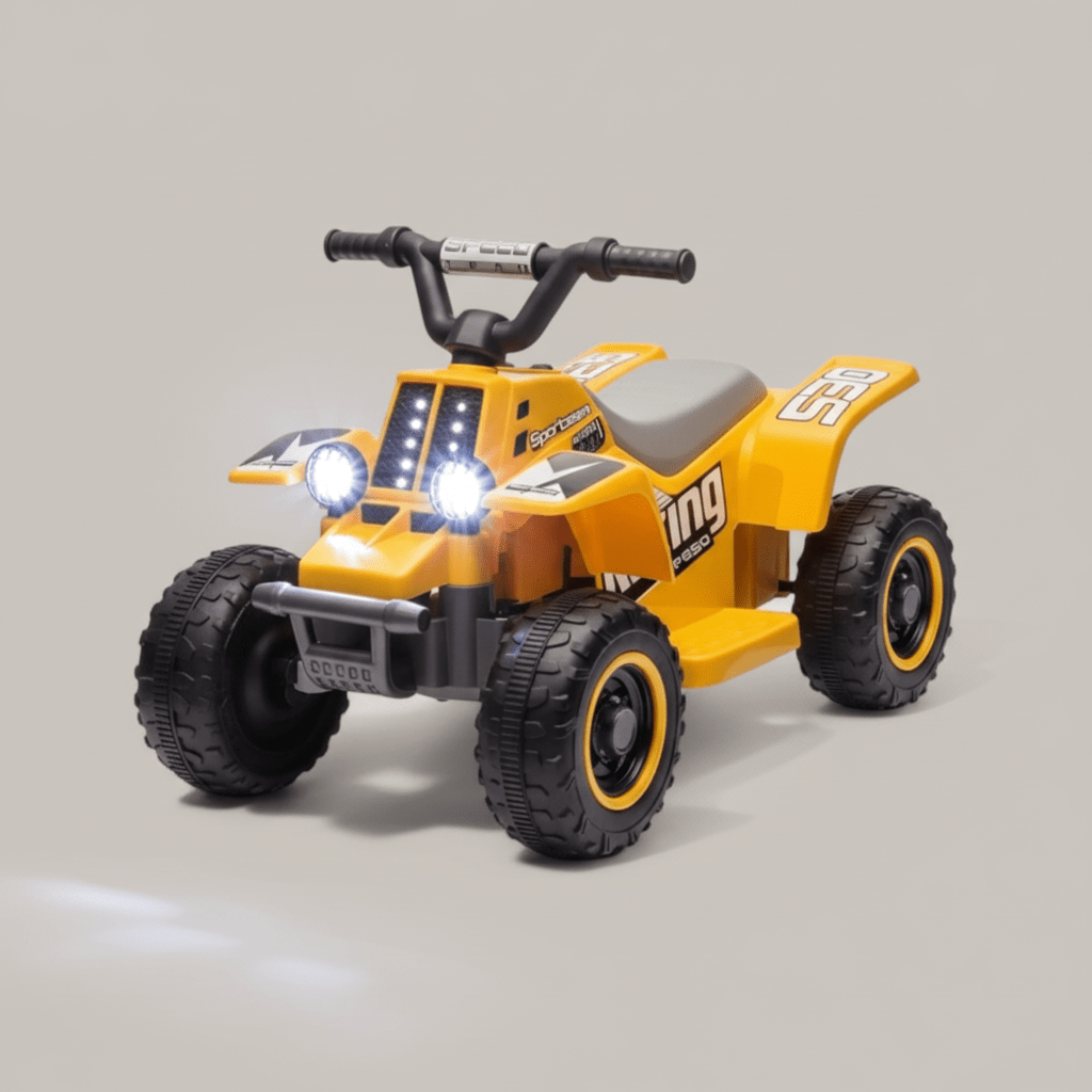Quad électrique jaune LED & Bluetooth pour enfants, dès 3 ans, vue de face 