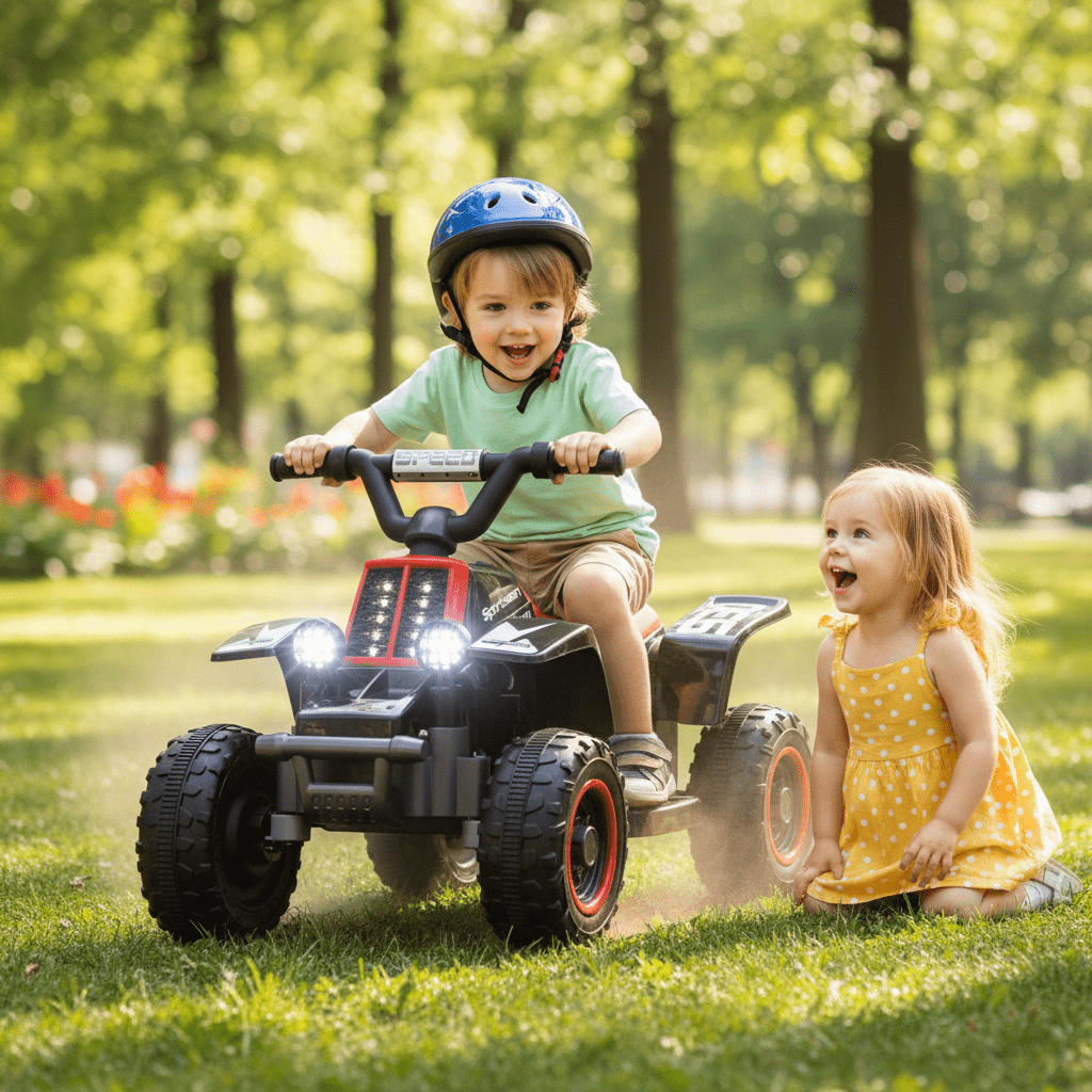 Quad électrique rouge LED & Bluetooth pour enfants, dès 3 ans, mise en situation avc enfant qui conduit et une petite fille qui l'observe