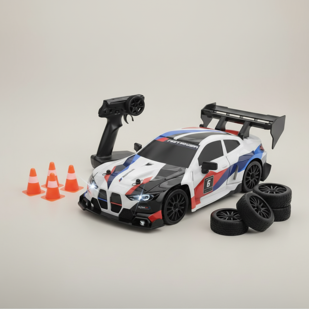 Voiture télécommandée blanche bandes noires, rouges et bleues Fast Power Drift 1:24, vue de face  