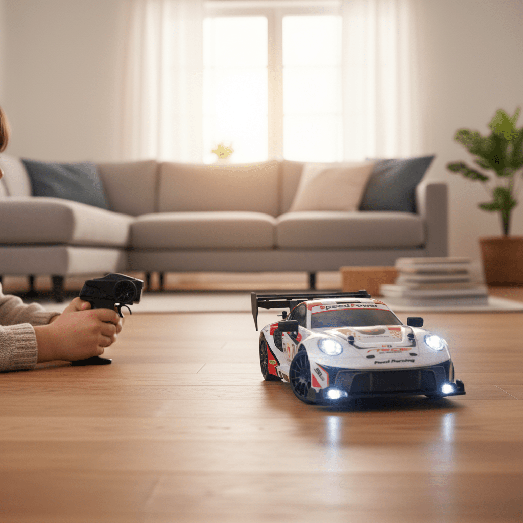 Voiture télécommandée grise motifs rouges et noirs Speed Power Drift 1:24, roulant dans une maison 