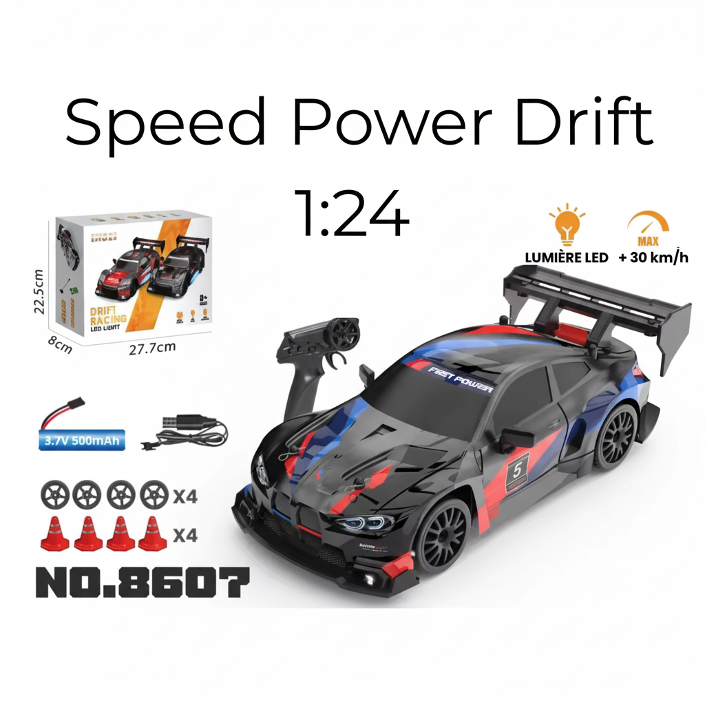 Voiture télécommandée noir Fast Power Drift 1:24, packaging et dimensions  