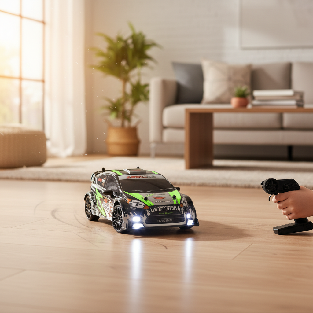 Voiture télécommandée verte et noire Max Speed Drift 1:24, dérapante dans un salon