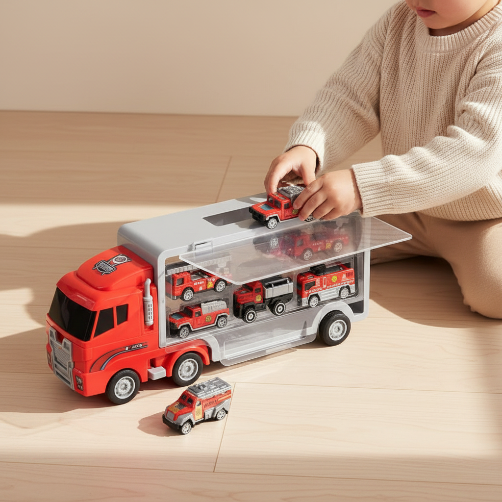 Camion Transporteur Pompier 6 véhicules - Enfant jouant
