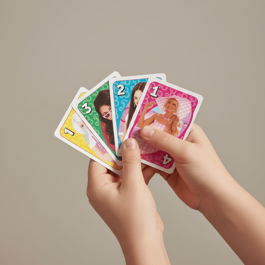 Cartes UNO Barbie exactes dans les mains d'un enfant