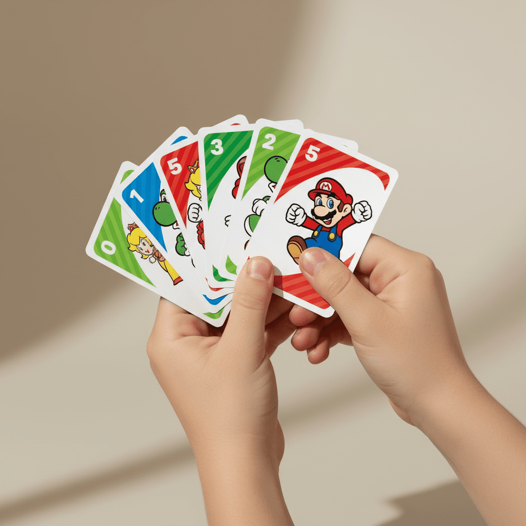 Cartes UNO Super Mario dans les mains d'un enfant