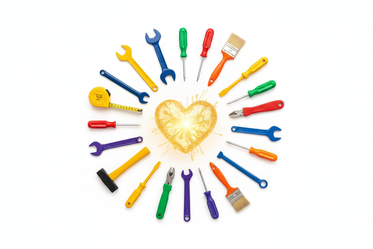 Coeur lumineux entouré d'outils colorés fond blanc 