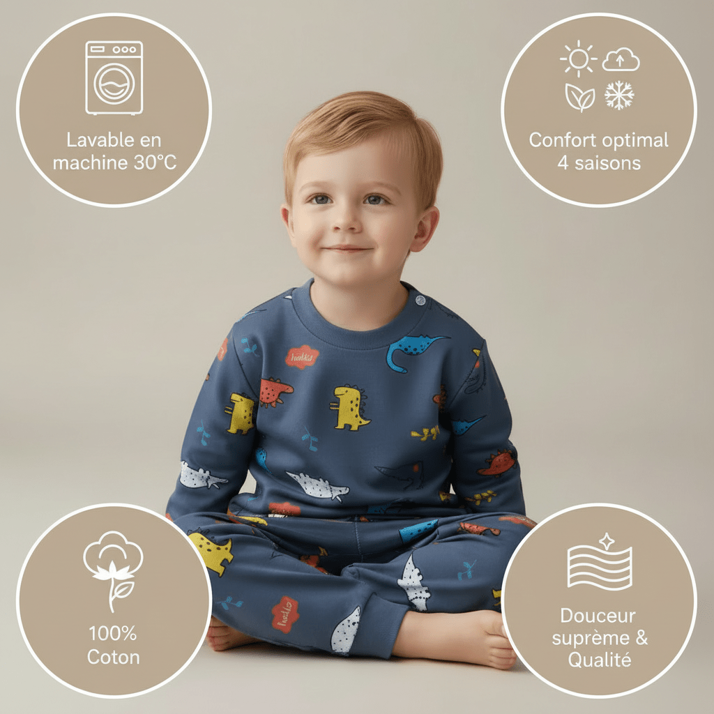 Ensemble de pyjama bleu marine 100% coton, 9 mois à 7 ans, caractèristiques 