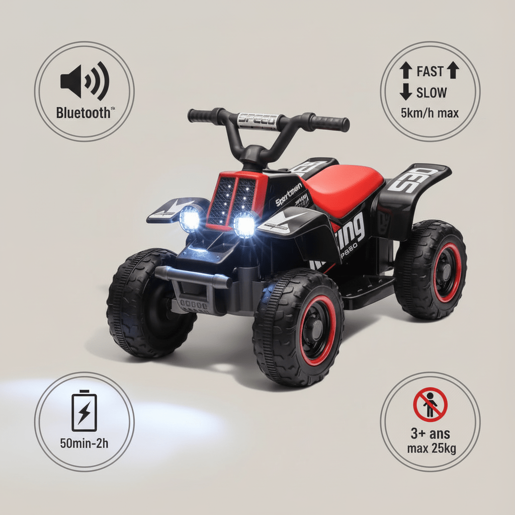 Quad électrique rouge LED & Bluetooth pour enfants, dès 3 ans, caractèristique 