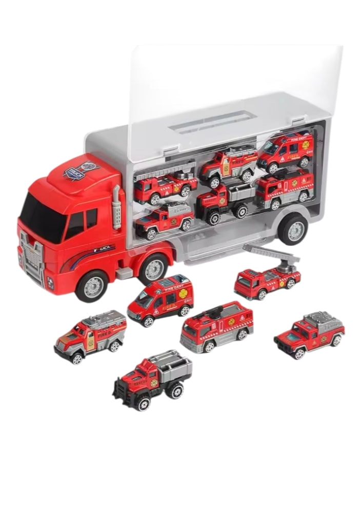 Camion Transporteur Multi-Véhicules – 4 Univers : Pompier, Police, Militaire & Ouvriers