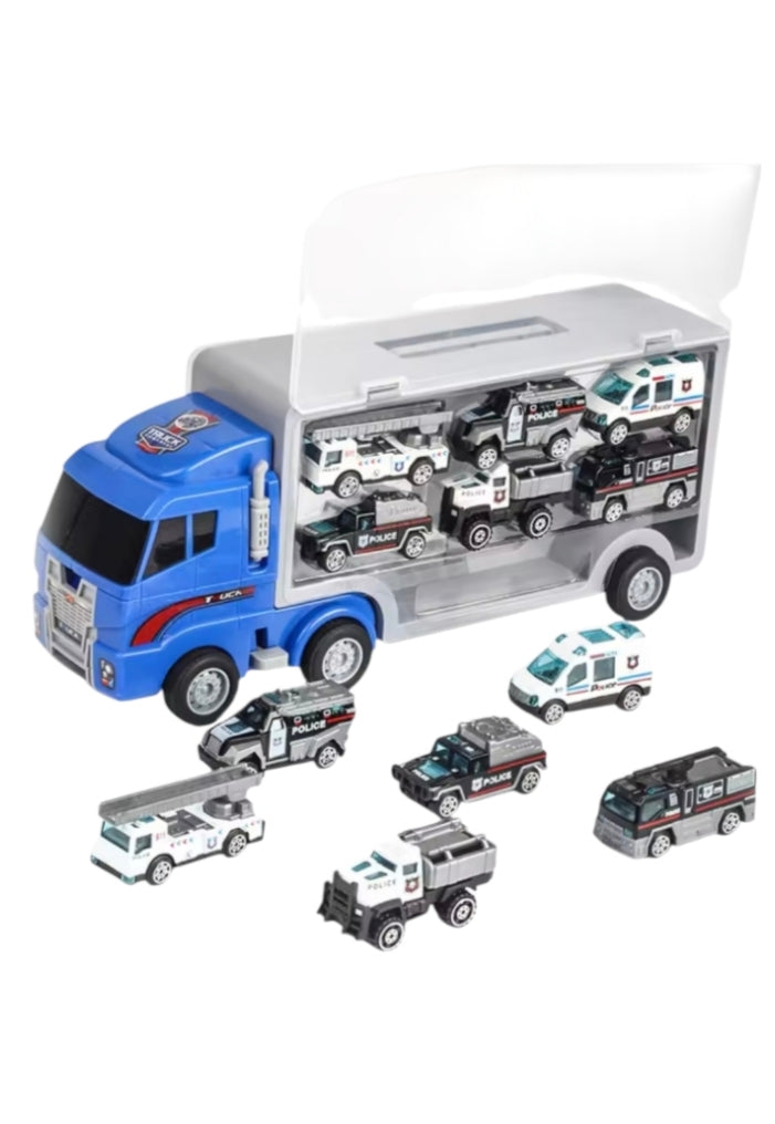 Camion Transporteur Multi-Véhicules – 4 Univers : Pompier, Police, Militaire & Ouvriers