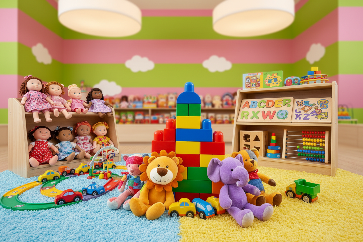 Une Scène coloré avec plusieurs jouets mis en valeur 